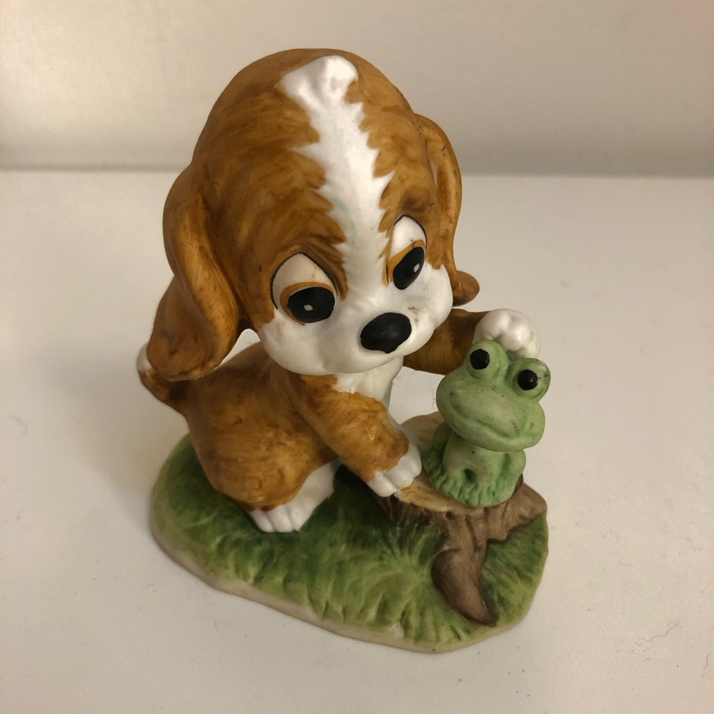 Lefton Porcelain Brown and White Puppy Figurine with Green Frog